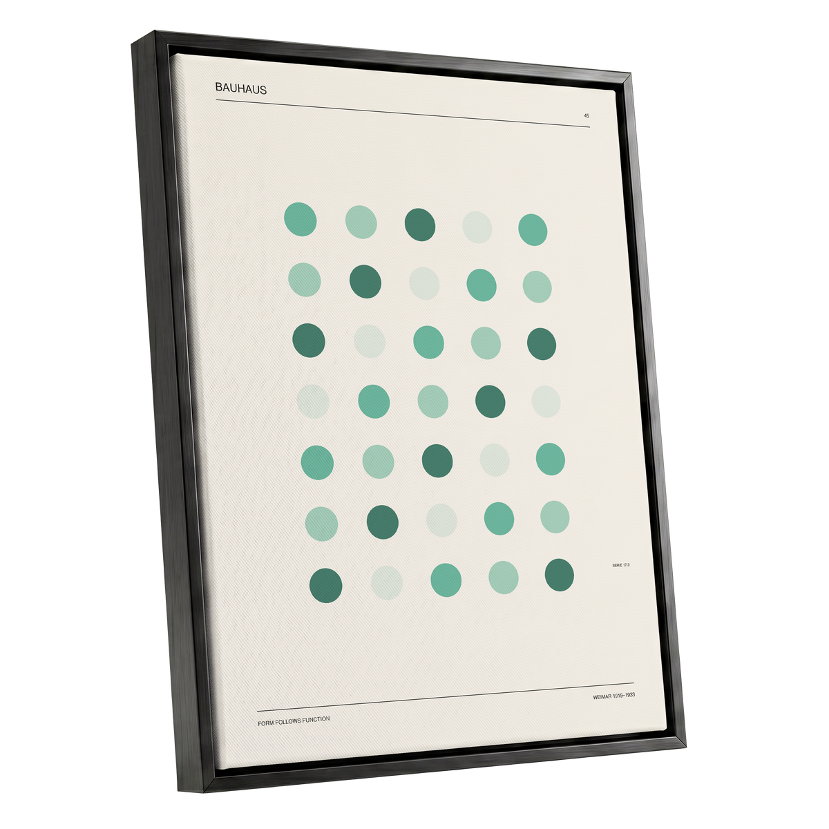 Mint Matrix No. 45, green, beige, black minimalist wall art shown as a black framed canvas wall art