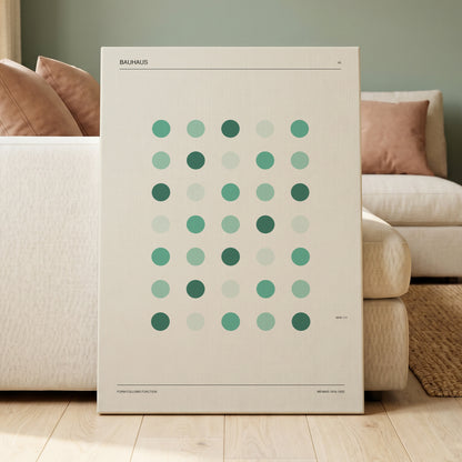 Mint Matrix No. 45, green, beige, black minimalist wall art on canvas displayed in a styled interior, gallery view 1
