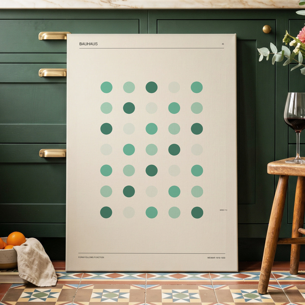Mint Matrix No. 45, green, beige, black minimalist wall art on canvas displayed in a styled interior, gallery view 2