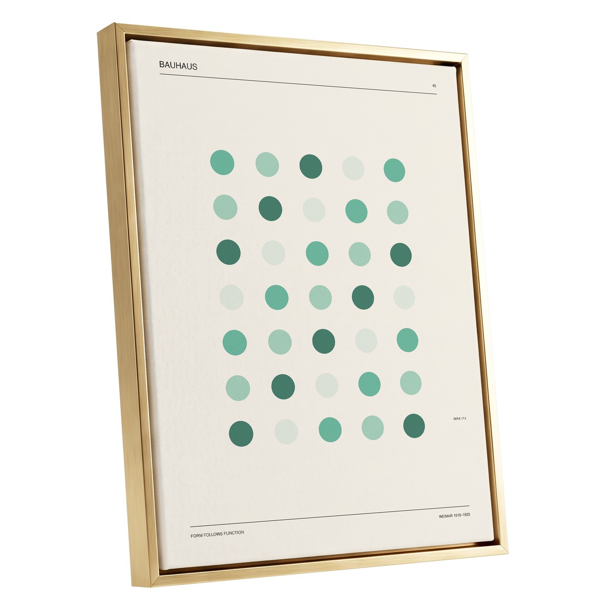 Mint Matrix No. 45, green, beige, black minimalist wall art shown as a gold framed canvas wall art