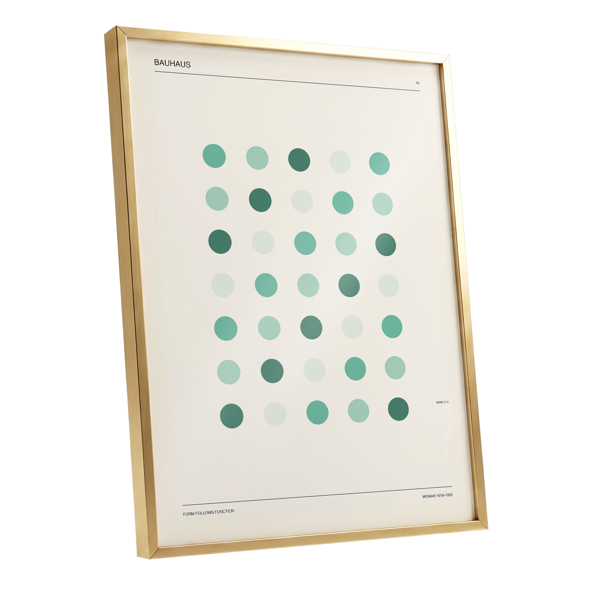 Mint Matrix No. 45, green, beige, black minimalist wall art shown as a gold framed poster wall art print