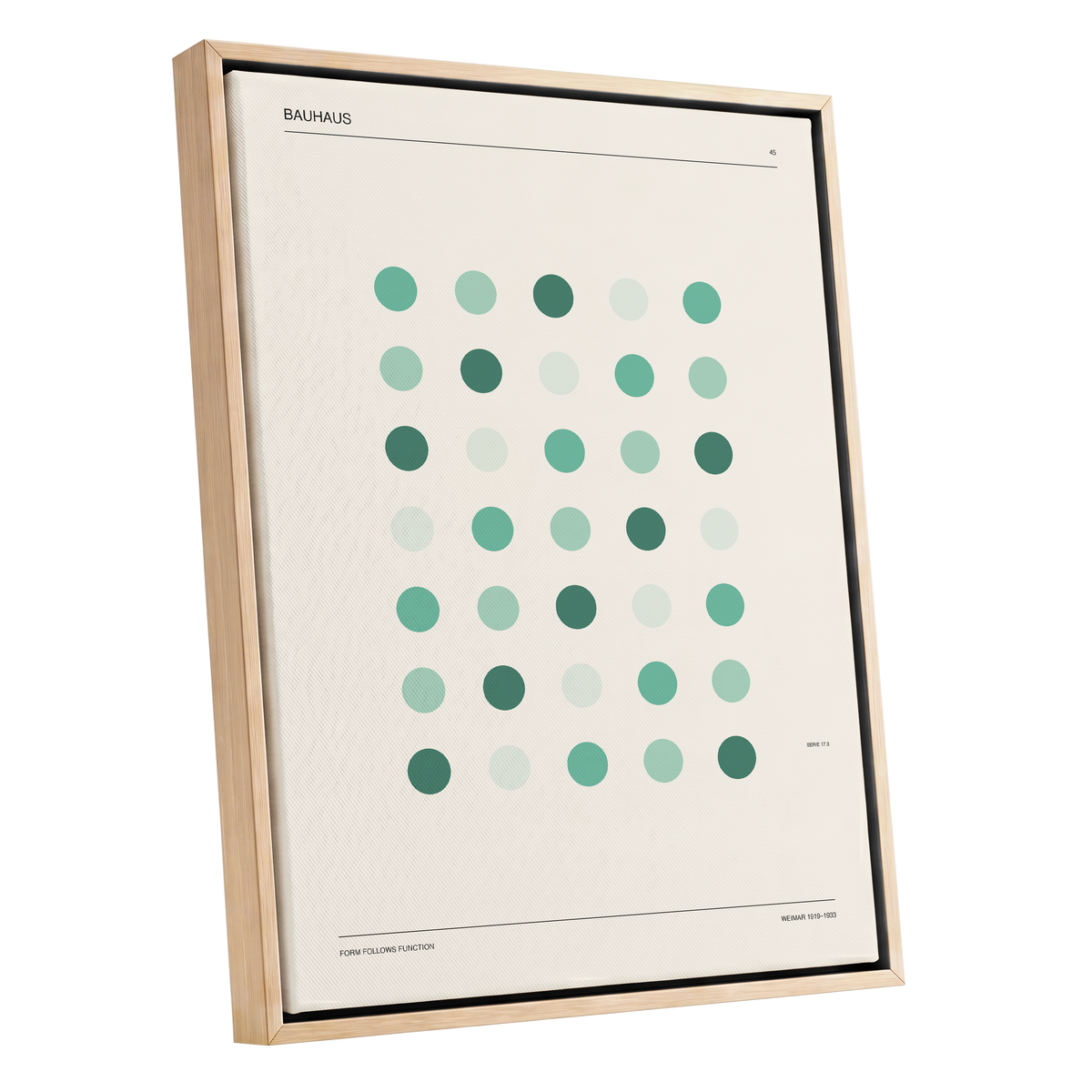 Mint Matrix No. 45, green, beige, black minimalist wall art shown as a oak framed canvas wall art