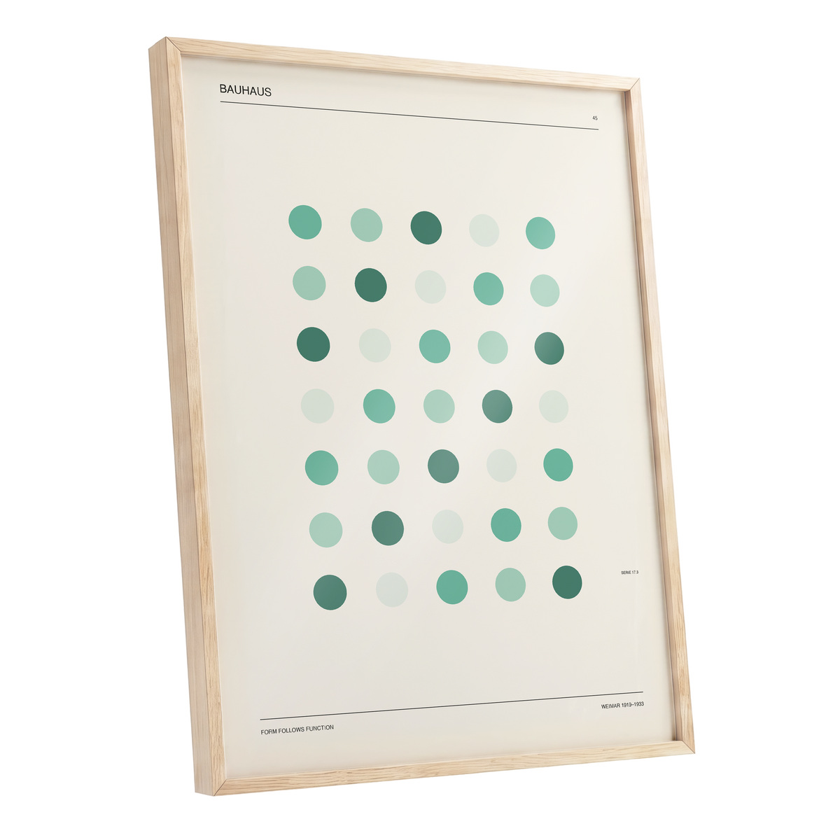 Mint Matrix No. 45, green, beige, black minimalist wall art shown as a oak framed poster wall art print