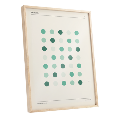 Mint Matrix No. 45, green, beige, black minimalist wall art shown as a oak framed poster wall art print
