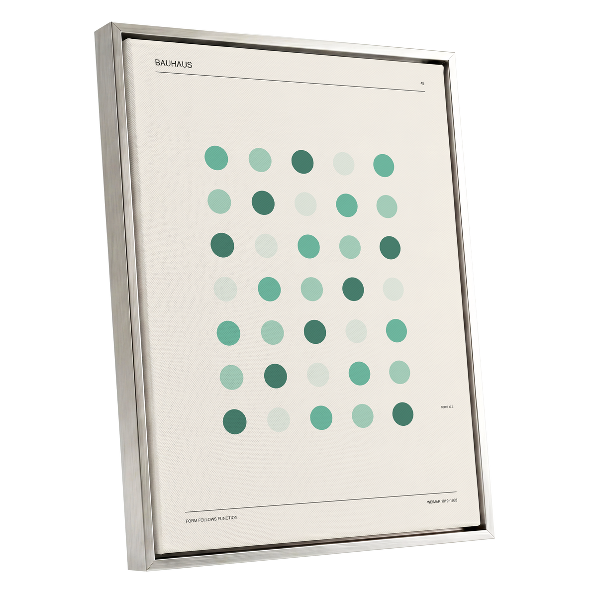 Mint Matrix No. 45, green, beige, black minimalist wall art shown as a silver framed canvas wall art