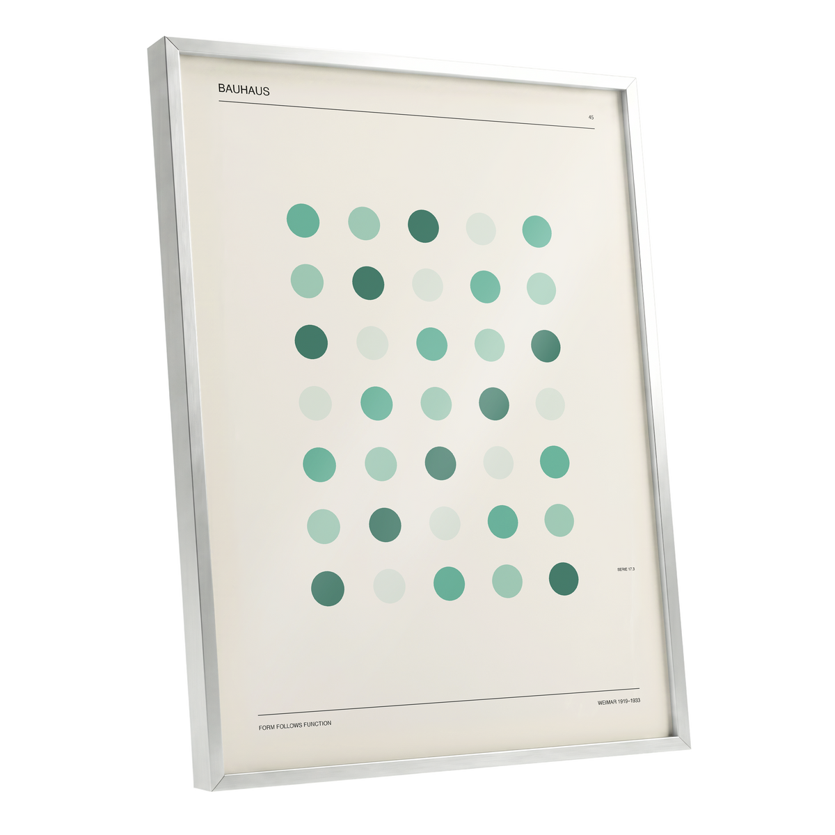 Mint Matrix No. 45, green, beige, black minimalist wall art shown as a silver framed poster wall art print