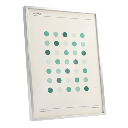 Mint Matrix No. 45, green, beige, black minimalist wall art shown as a silver framed poster wall art print