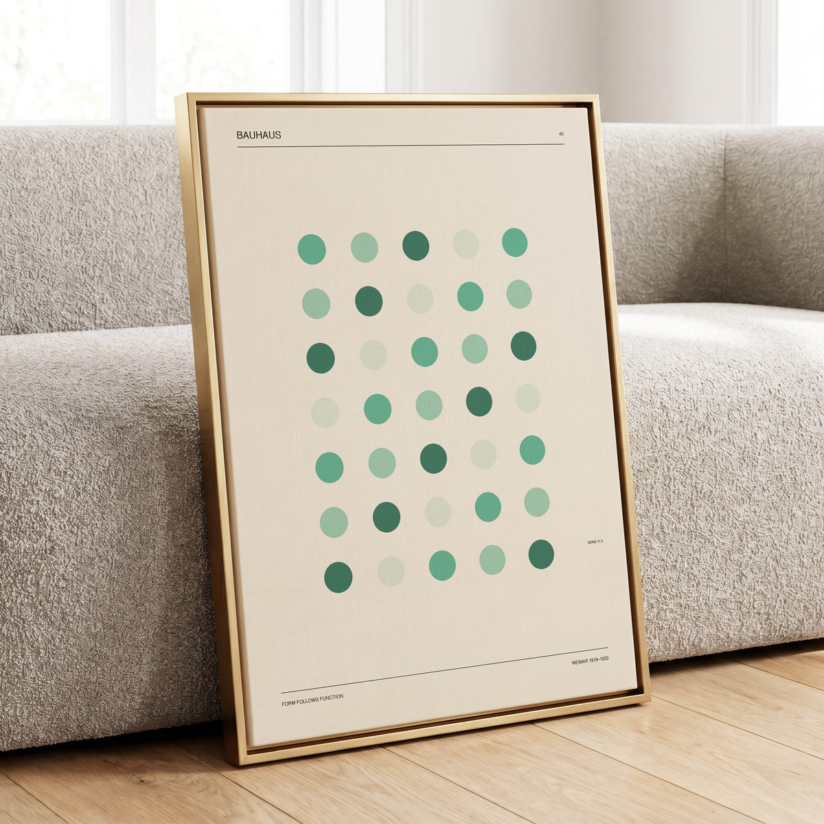 Mint Matrix No. 45, green, beige, black minimalist wall art displayed in a styled interior, gallery view 1