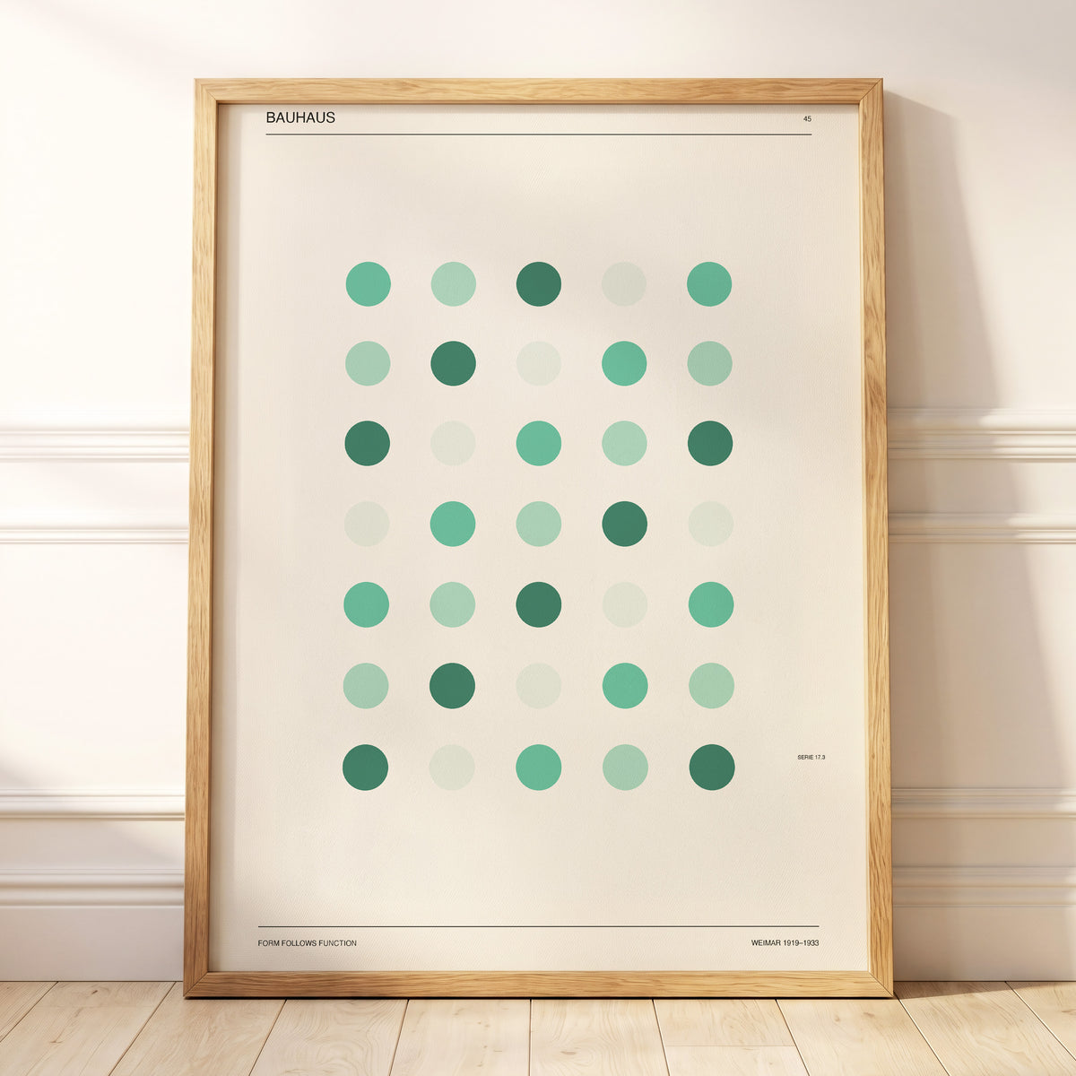 Mint Matrix No. 45, green, beige, black minimalist wall art displayed in a styled interior, gallery view 3