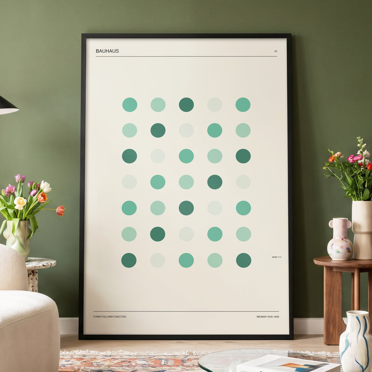 Mint Matrix No. 45, green, beige, black minimalist wall art displayed in a styled interior, gallery view 4