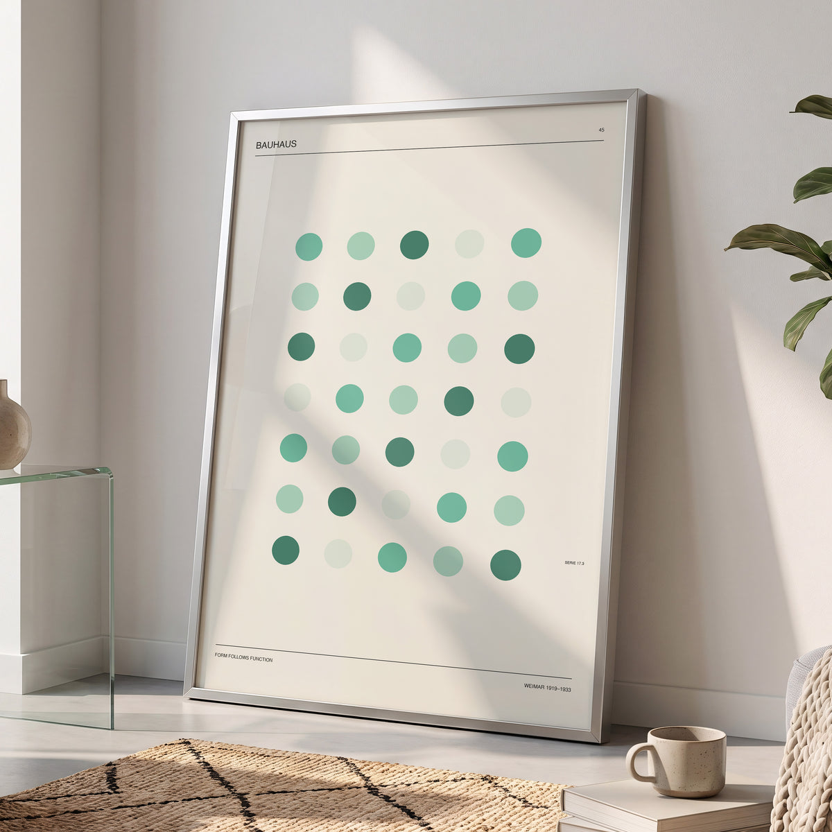 Mint Matrix No. 45, green, beige, black minimalist wall art displayed in a styled interior, gallery view 5