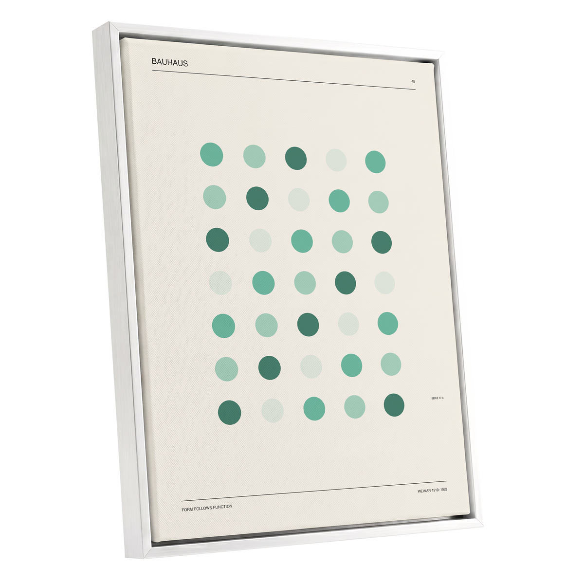 Mint Matrix No. 45, green, beige, black minimalist wall art shown as a white framed canvas wall art