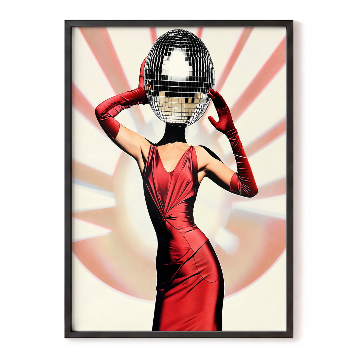 Mirrorball Muse, red, black, beige abstract wall art, front artwork view