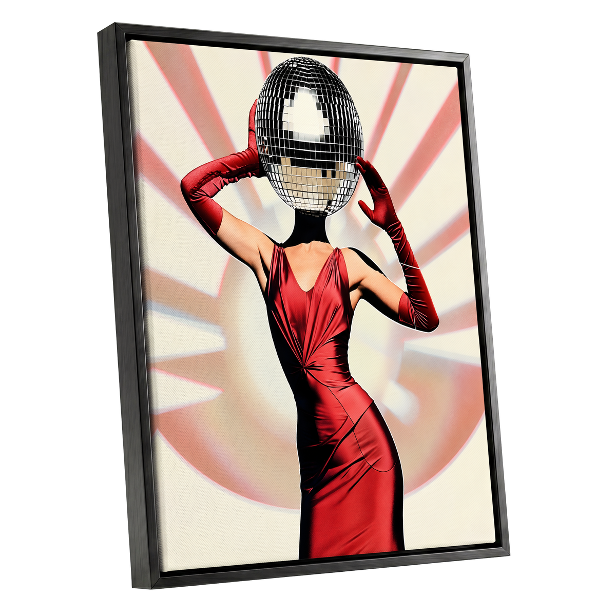 Mirrorball Muse, red, black, beige abstract wall art shown as a black framed canvas wall art