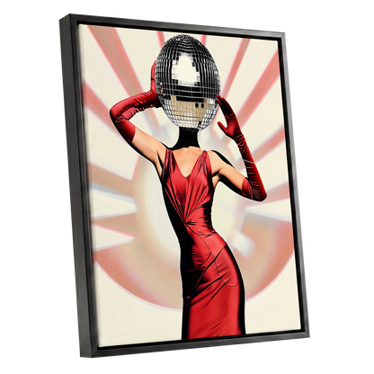 Mirrorball Muse, red, black, beige abstract wall art shown as a black framed canvas wall art