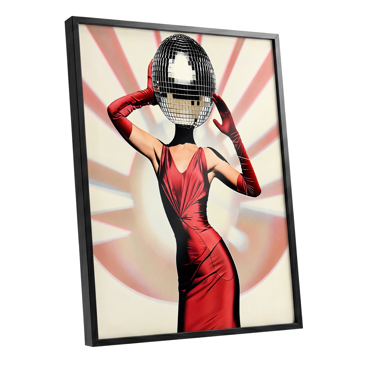 Mirrorball Muse, red, black, beige abstract wall art shown as a black framed poster wall art print