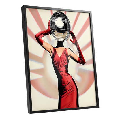 Mirrorball Muse, red, black, beige abstract wall art shown as a black framed poster wall art print
