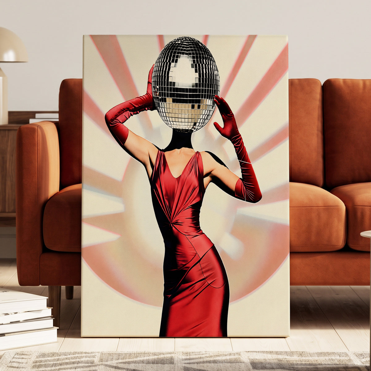 Mirrorball Muse, red, black, beige abstract wall art on canvas displayed in a styled interior, gallery view 1