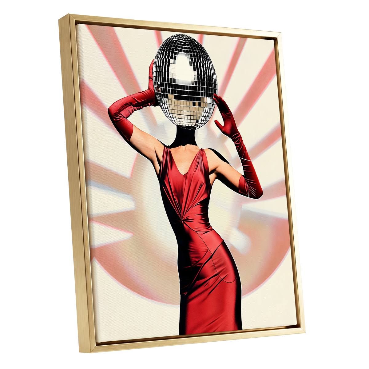 Mirrorball Muse, red, black, beige abstract wall art shown as a gold framed canvas wall art