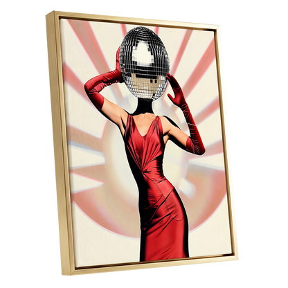 Mirrorball Muse, red, black, beige abstract wall art shown as a gold framed canvas wall art