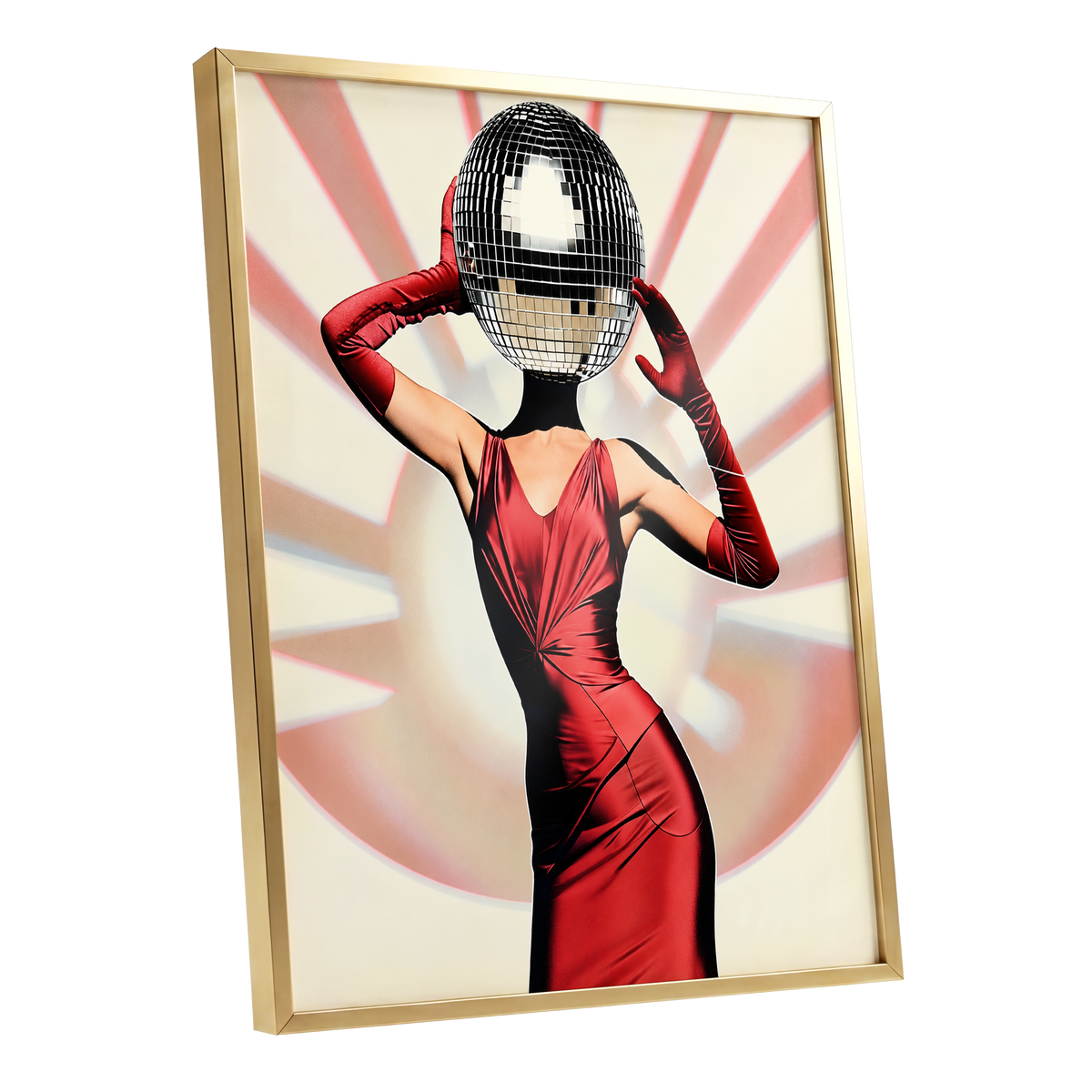 Mirrorball Muse, red, black, beige abstract wall art shown as a gold framed poster wall art print