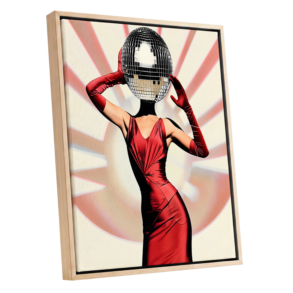 Mirrorball Muse, red, black, beige abstract wall art shown as a oak framed canvas wall art