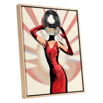 Mirrorball Muse, red, black, beige abstract wall art shown as a oak framed canvas wall art