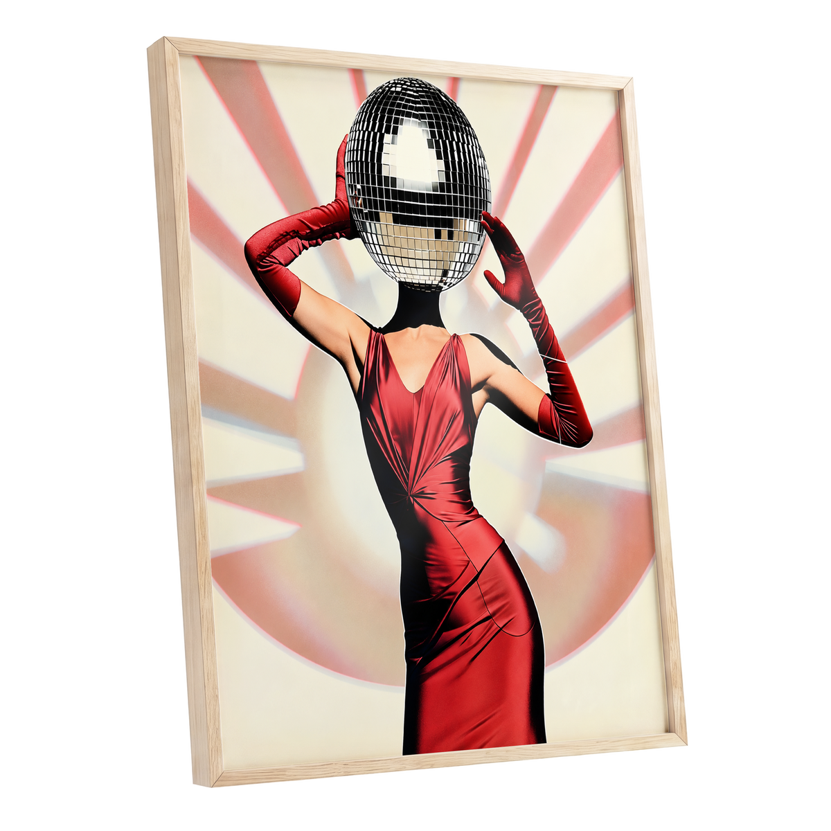 Mirrorball Muse, red, black, beige abstract wall art shown as a oak framed poster wall art print