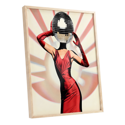 Mirrorball Muse, red, black, beige abstract wall art shown as a oak framed poster wall art print