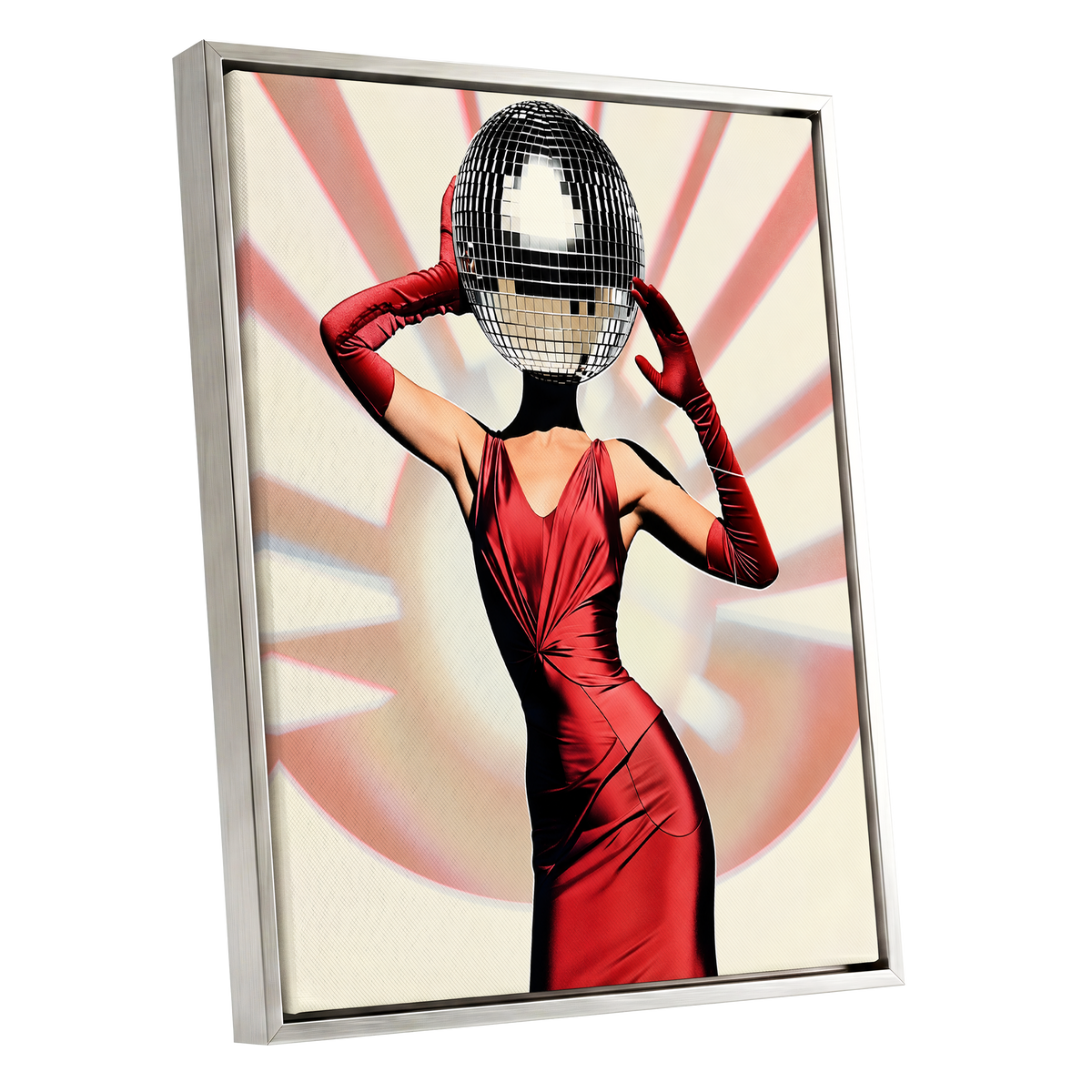 Mirrorball Muse, red, black, beige abstract wall art shown as a silver framed canvas wall art