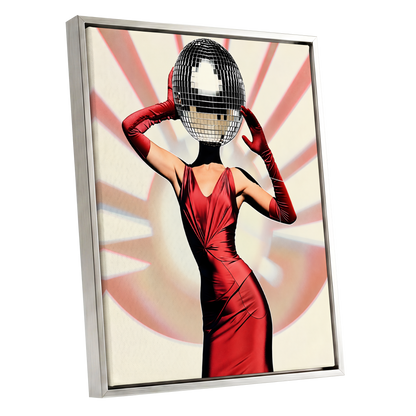 Mirrorball Muse, red, black, beige abstract wall art shown as a silver framed canvas wall art