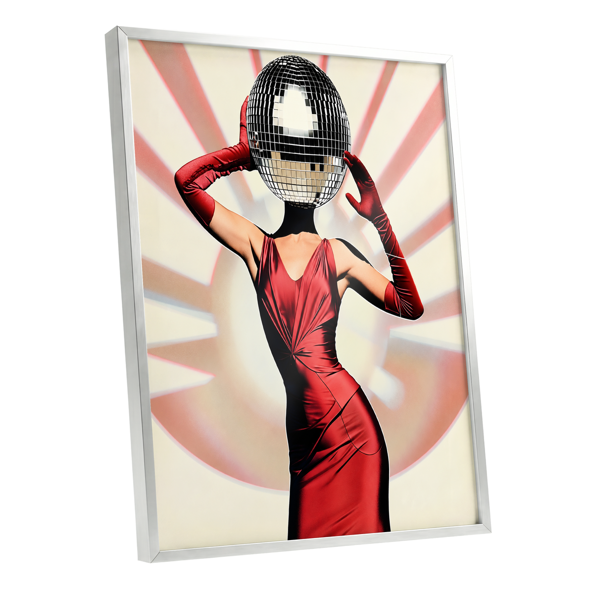 Mirrorball Muse, red, black, beige abstract wall art shown as a silver framed poster wall art print