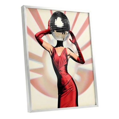 Mirrorball Muse, red, black, beige abstract wall art shown as a silver framed poster wall art print