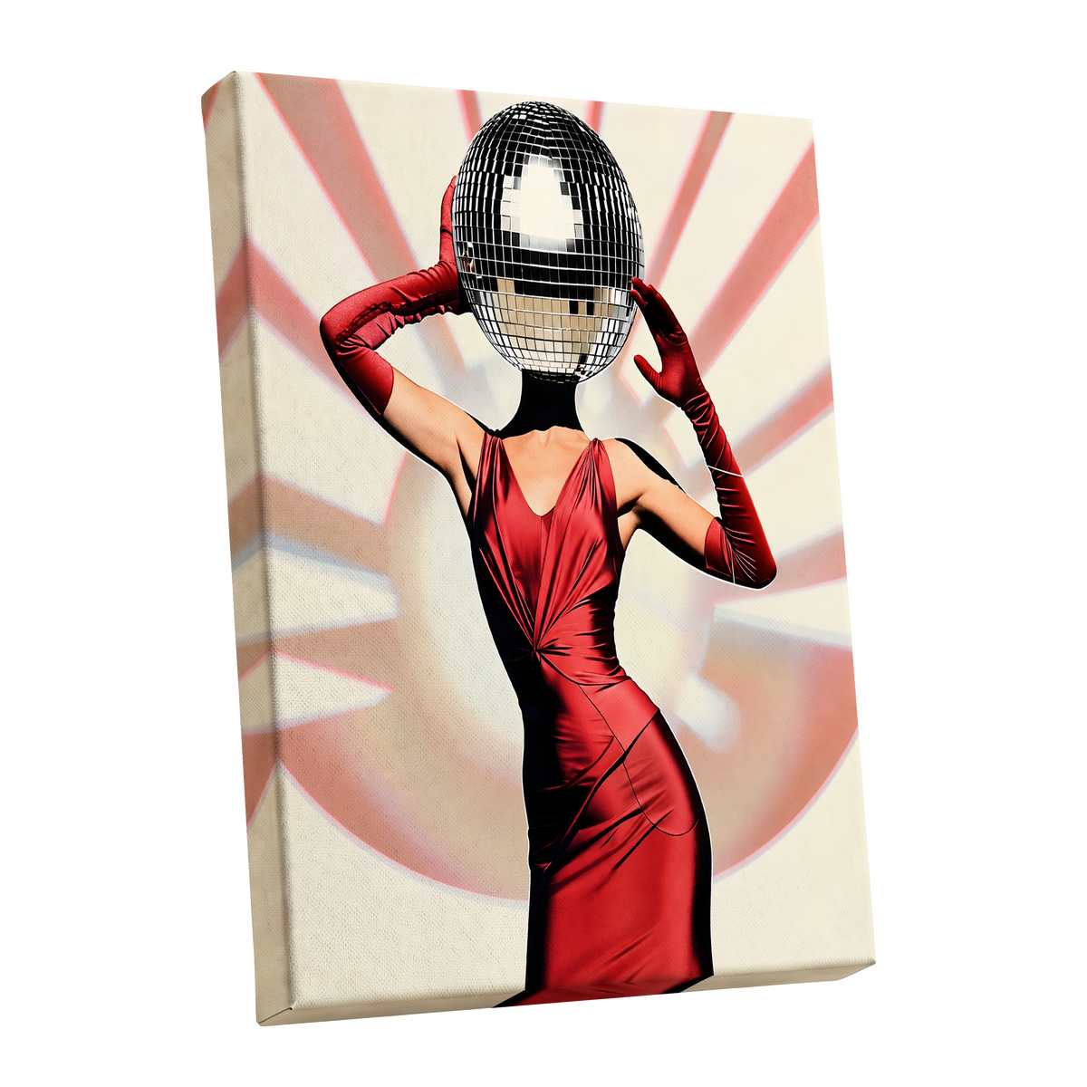 Mirrorball Muse, red, black, beige abstract wall art shown as a stretched canvas wall art