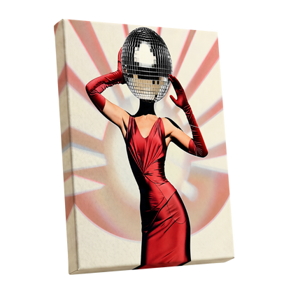 Mirrorball Muse, red, black, beige abstract wall art shown as a stretched canvas wall art