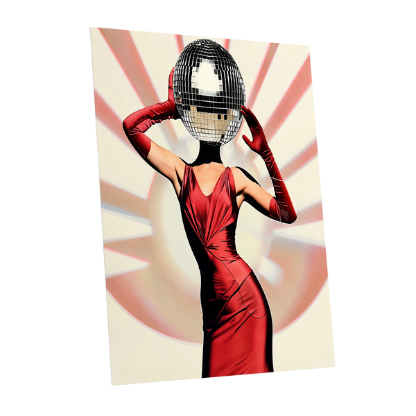Mirrorball Muse, red, black, beige abstract wall art shown as a unframed poster wall art print