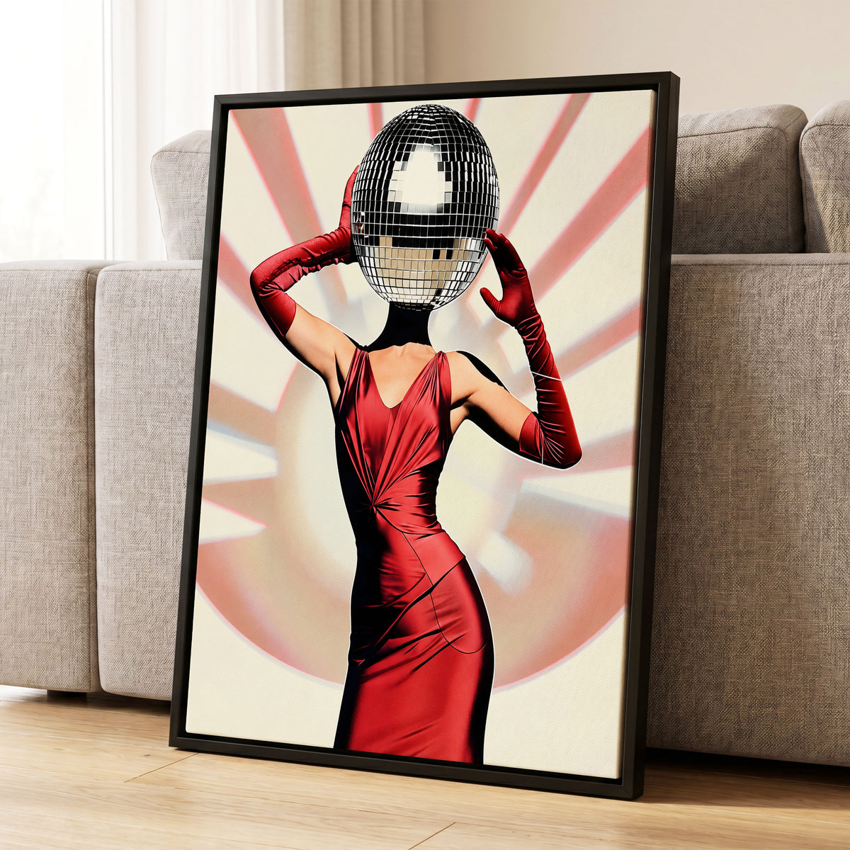 Mirrorball Muse, red, black, beige abstract wall art displayed in a styled interior, gallery view 1