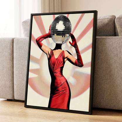 Mirrorball Muse, red, black, beige abstract wall art displayed in a styled interior, gallery view 1