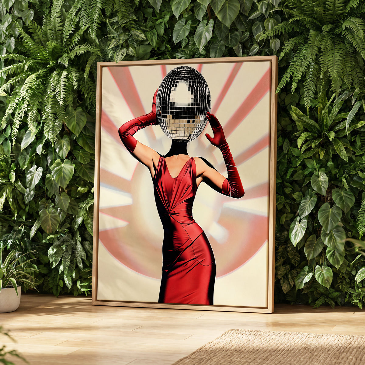 Mirrorball Muse, red, black, beige abstract wall art displayed in a styled interior, gallery view 2