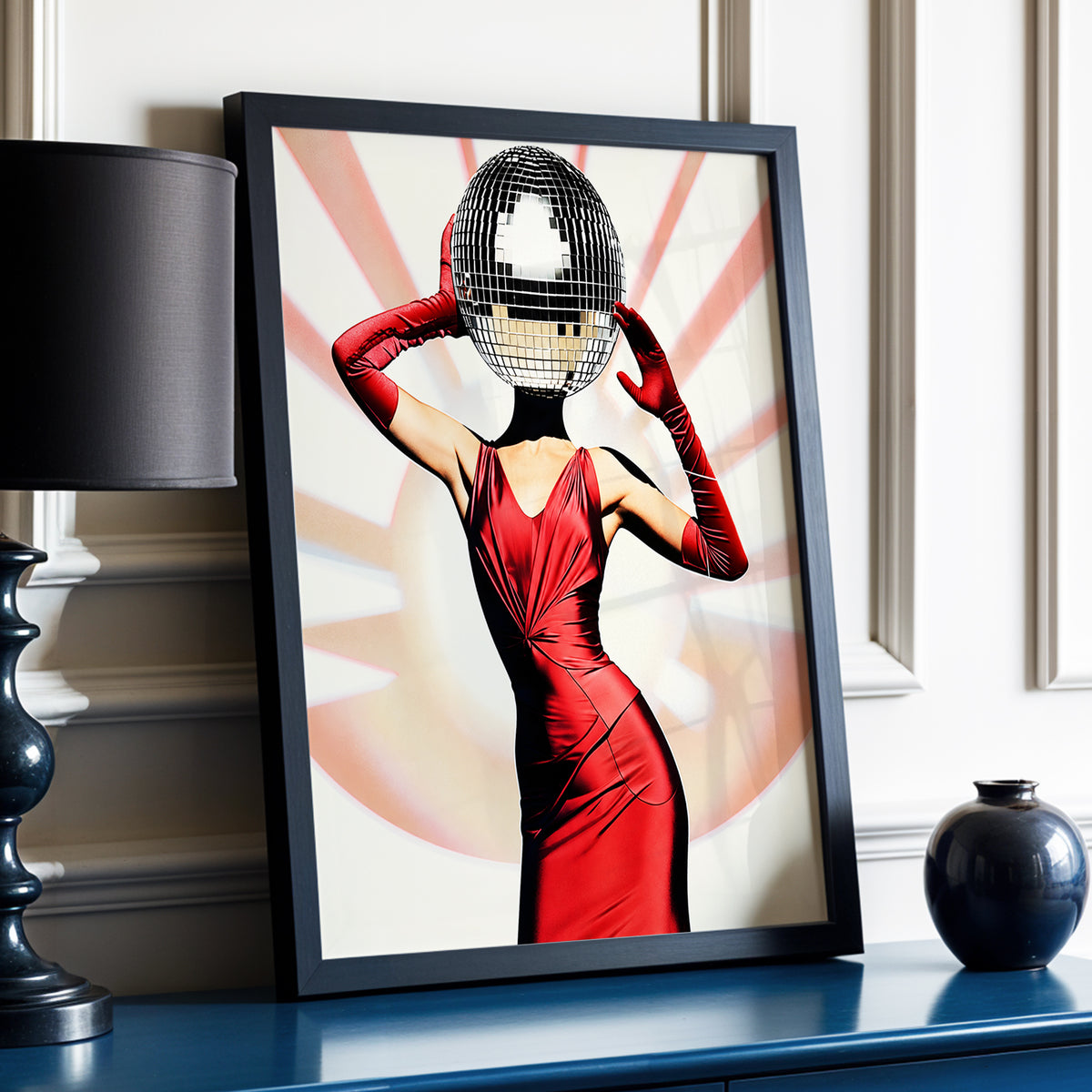 Mirrorball Muse, red, black, beige abstract wall art displayed in a styled interior, gallery view 3