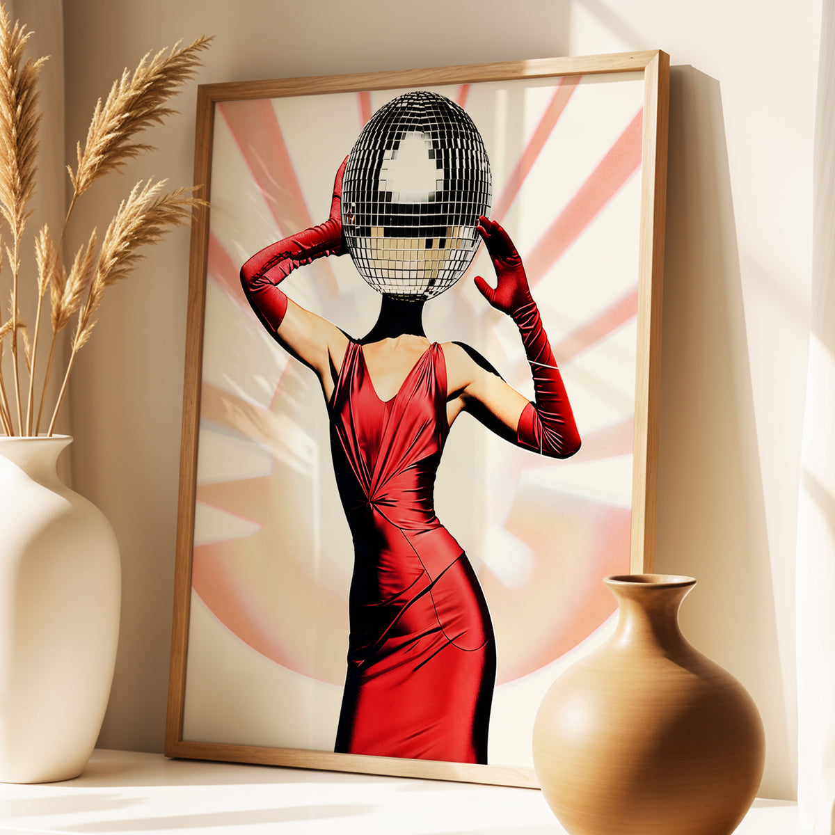 Mirrorball Muse, red, black, beige abstract wall art displayed in a styled interior, gallery view 4