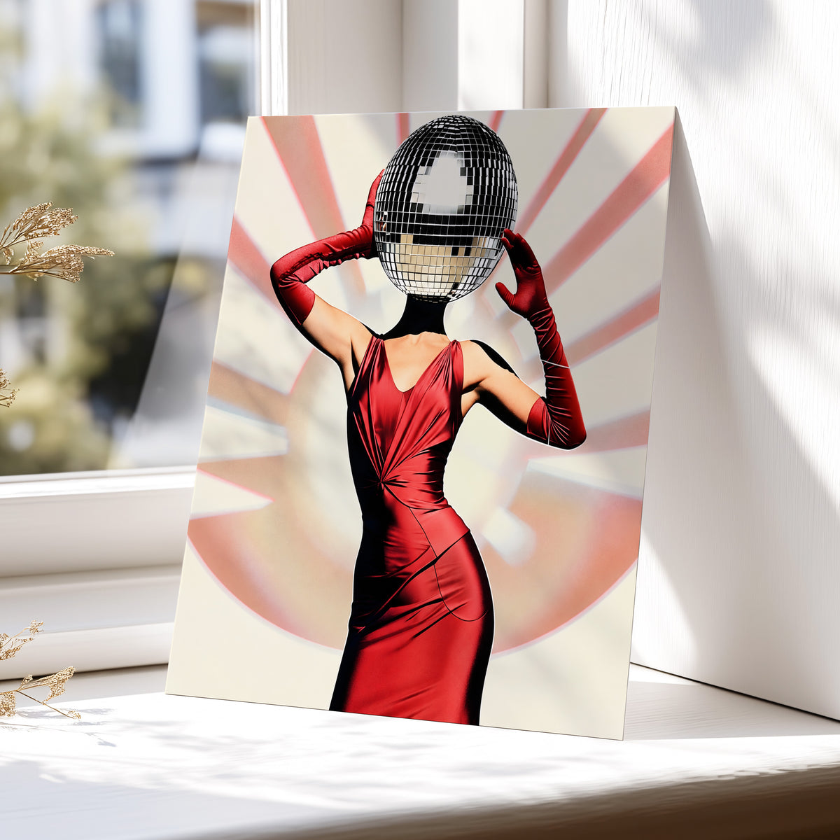 Mirrorball Muse, red, black, beige abstract wall art displayed in a styled interior, gallery view 5