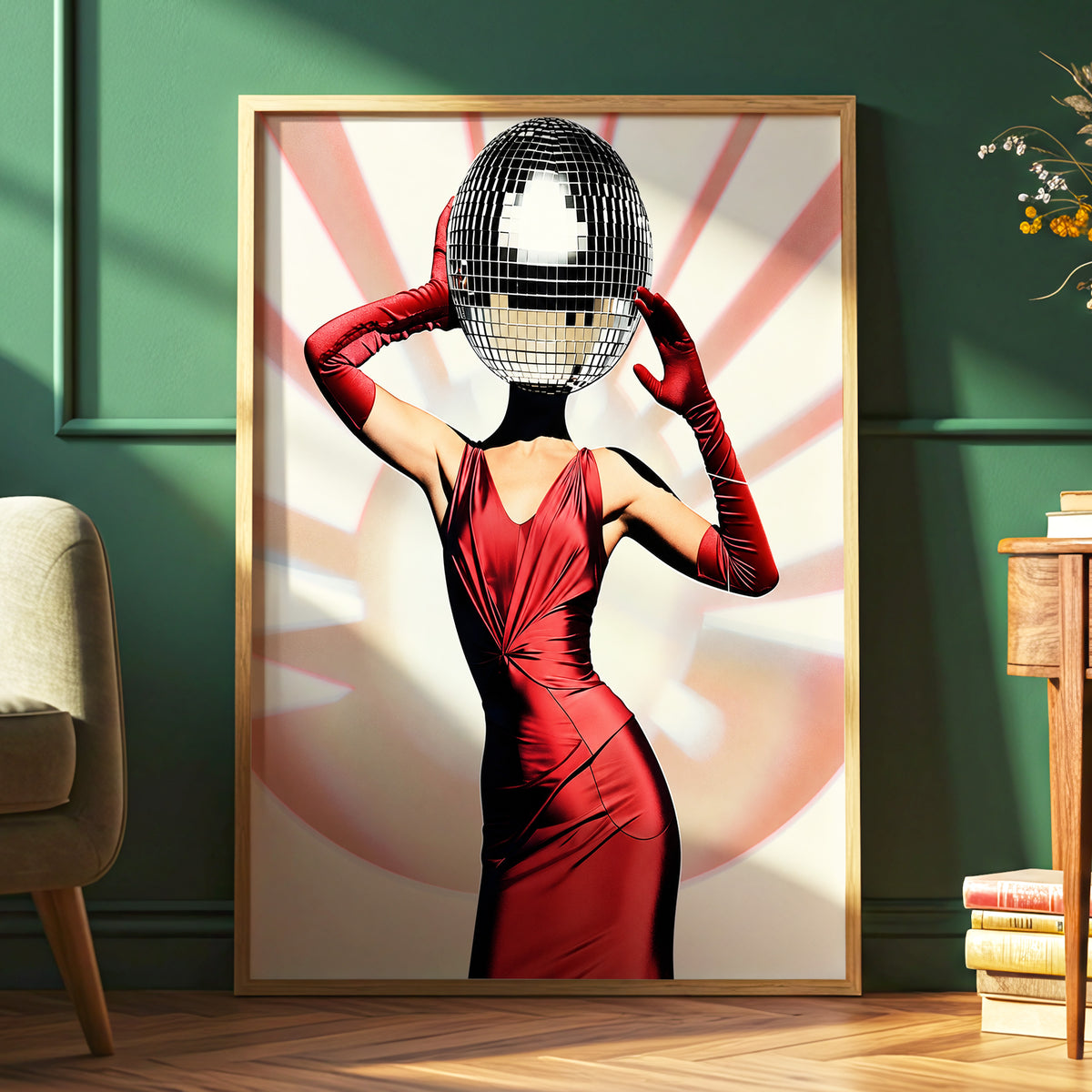 Mirrorball Muse, red, black, beige abstract wall art displayed in a styled interior, gallery view 6