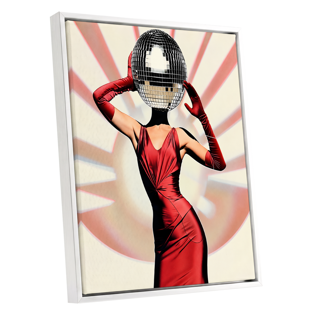 Mirrorball Muse, red, black, beige abstract wall art shown as a white framed canvas wall art