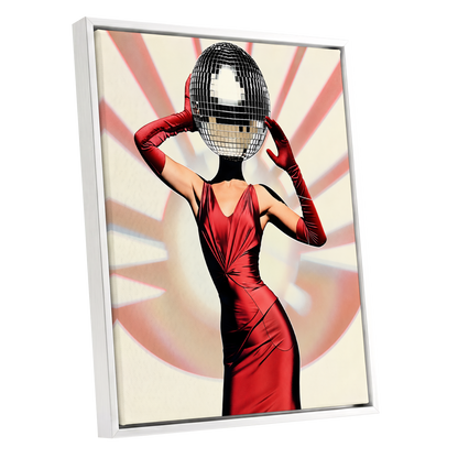 Mirrorball Muse, red, black, beige abstract wall art shown as a white framed canvas wall art