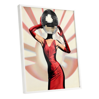 Mirrorball Muse, red, black, beige abstract wall art shown as a white framed poster wall art print