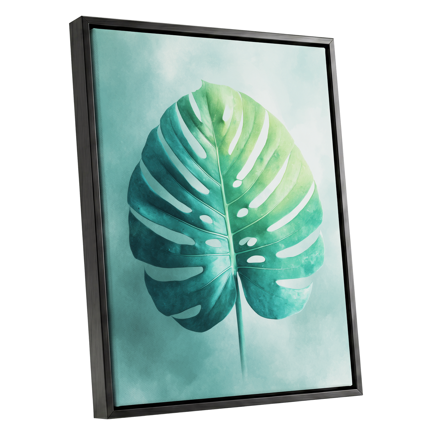 Mist-Kissed Monstera, green, blue, white nature wall art shown as a black framed canvas wall art
