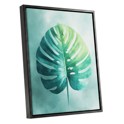 Mist-Kissed Monstera, green, blue, white nature wall art shown as a black framed canvas wall art