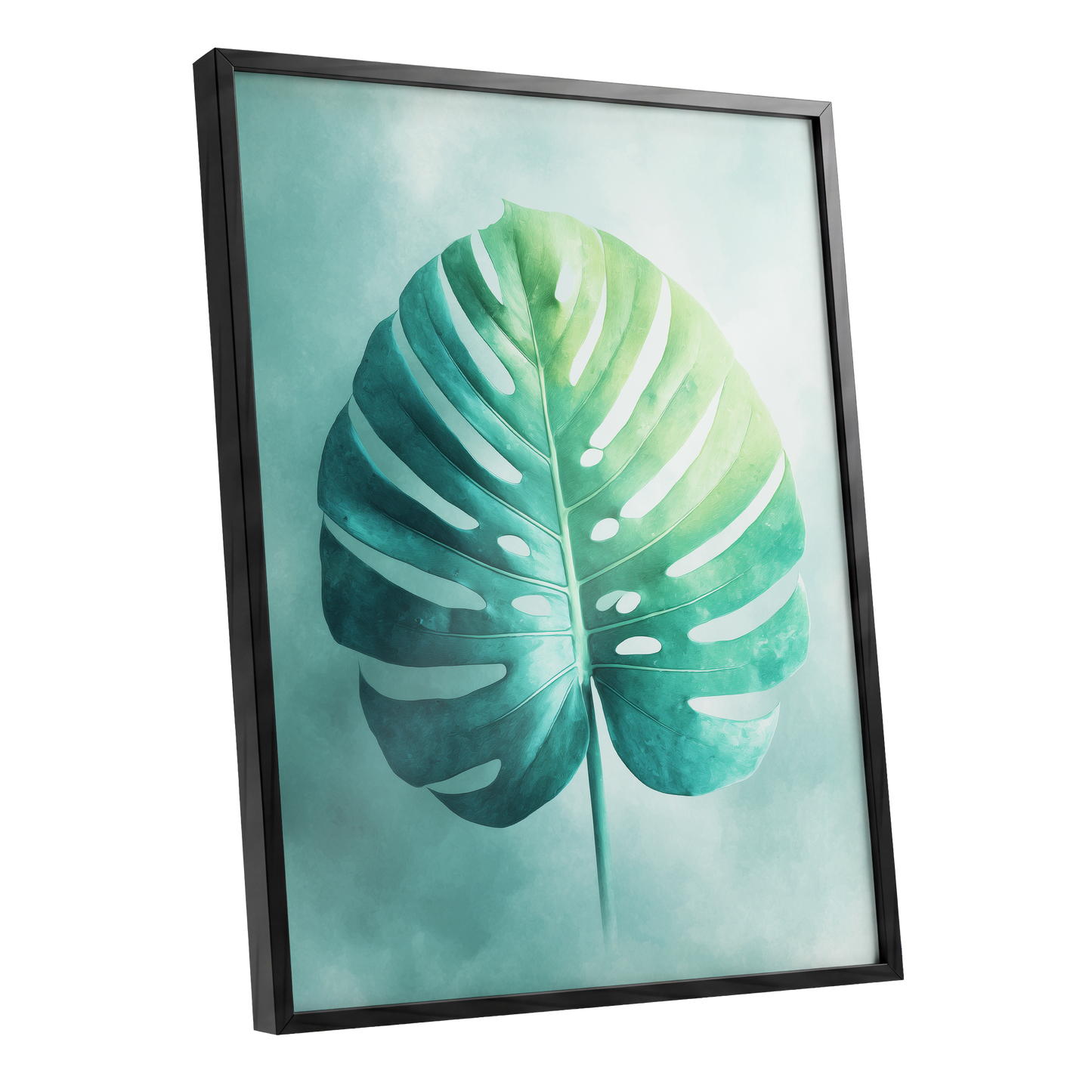 Mist-Kissed Monstera, green, blue, white nature wall art shown as a black framed poster wall art print