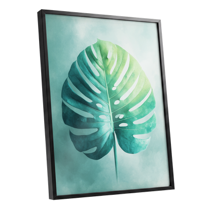 Mist-Kissed Monstera, green, blue, white nature wall art shown as a black framed poster wall art print